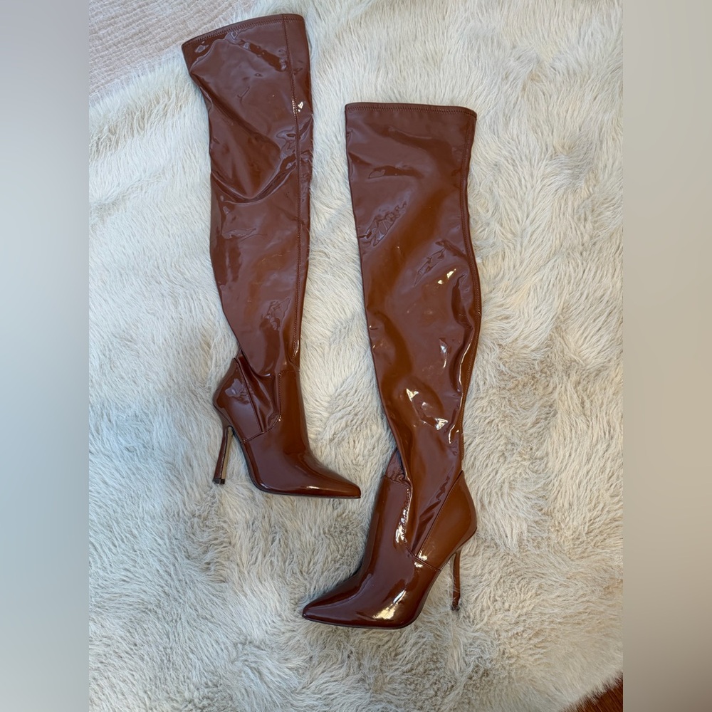 Steve Madden Patent Over-the-Knee Stiletto Boots in Brown